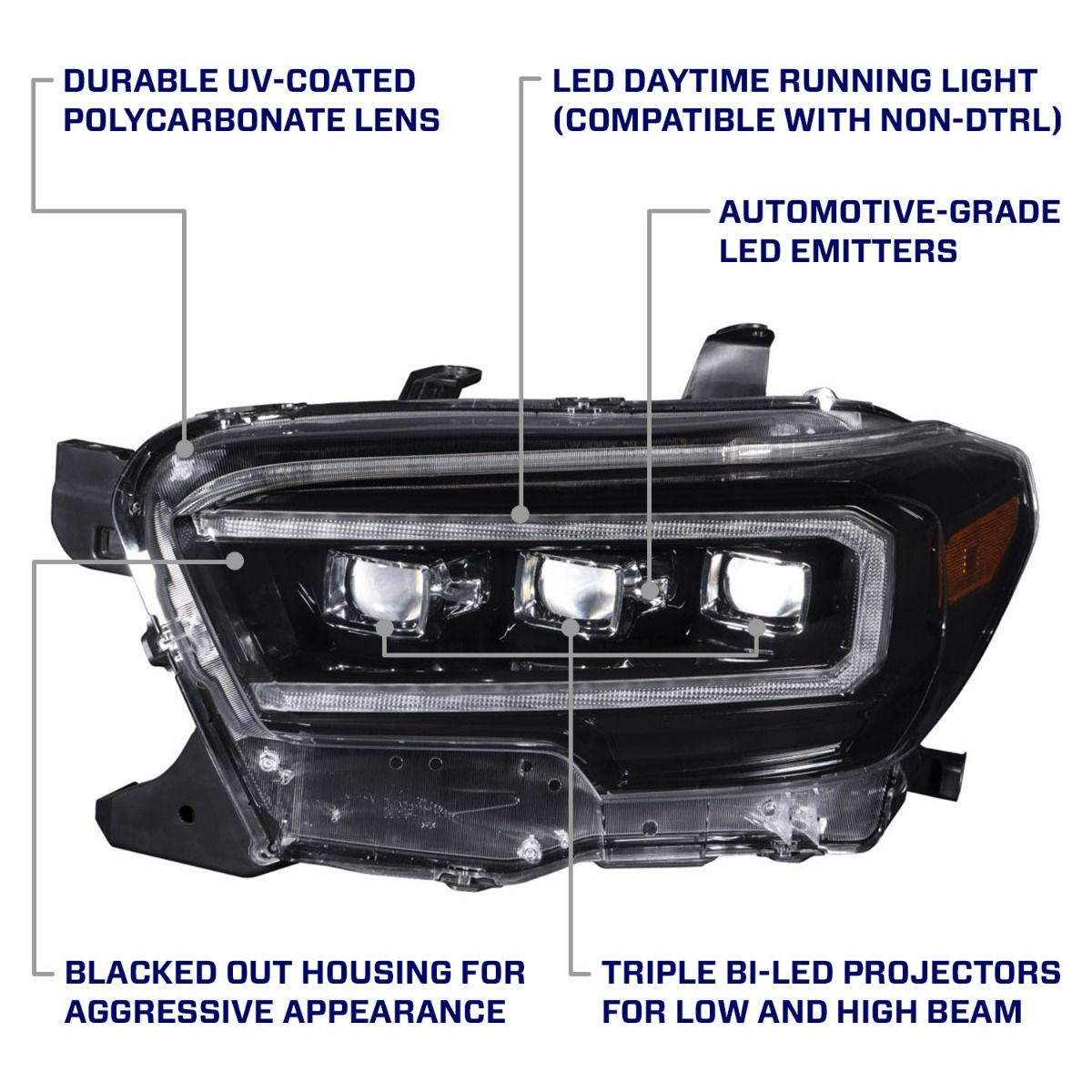 2016-2023 Toyota Tacoma LED Projector Headlights – Selectable White or Amber DRL | Sequential Turn Signals | Triple Bi-LED | Plug & Play