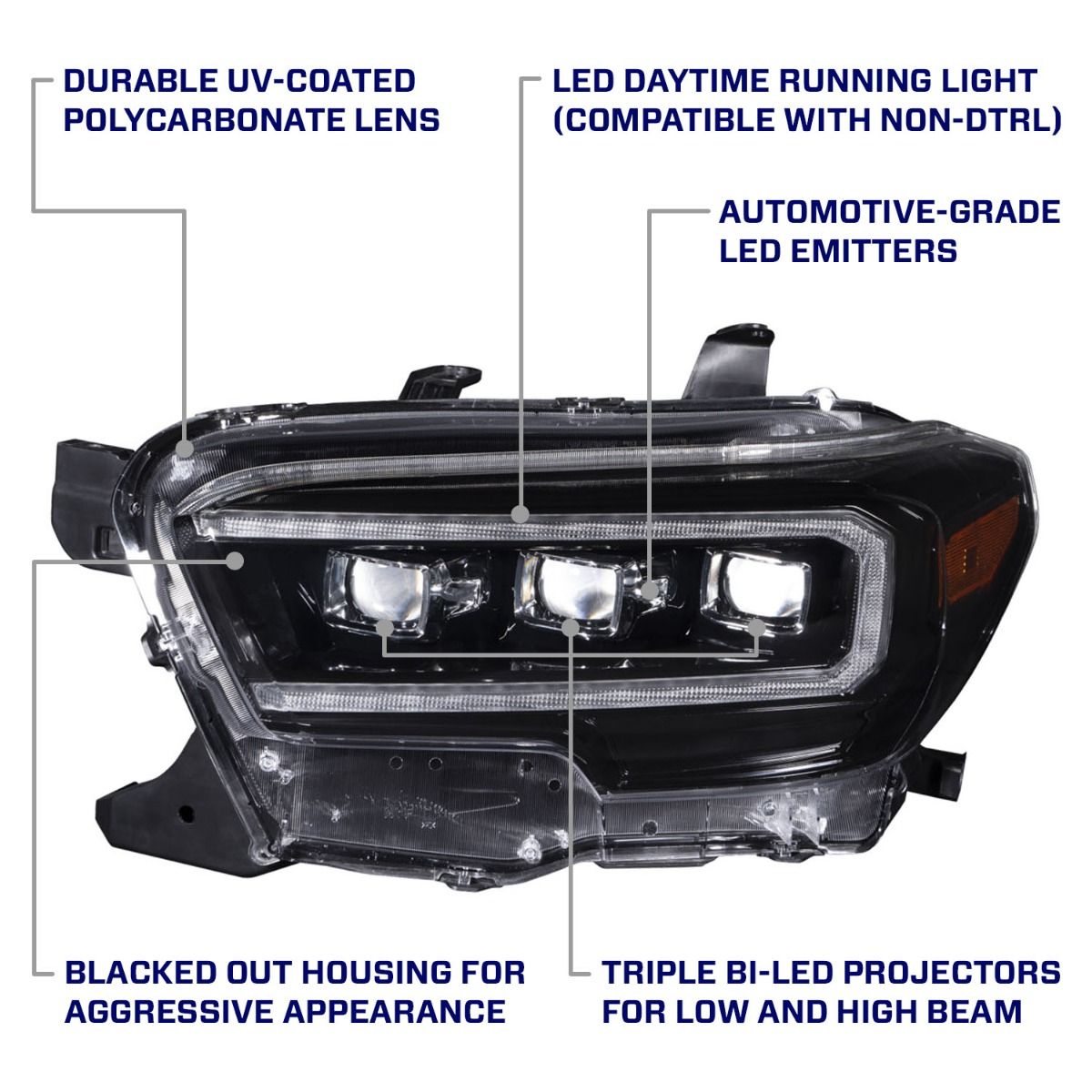 2016-2023 Toyota Tacoma LED Projector Headlights with Amber DRL (pair)