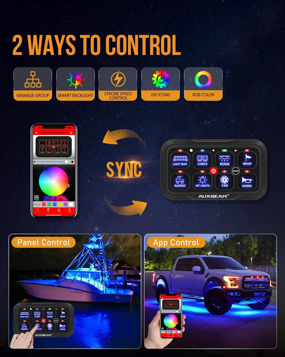 AR-800 Multifunction RGB Switch Panel with Bluetooth Controlled & 47 Inch Extension Cable(Optional) for Toyota Tacoma