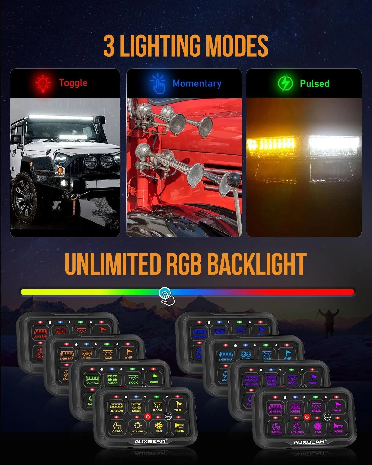 AR-800 Multifunction RGB Switch Panel with Bluetooth Controlled & 47 Inch Extension Cable(Optional) for Toyota Tacoma