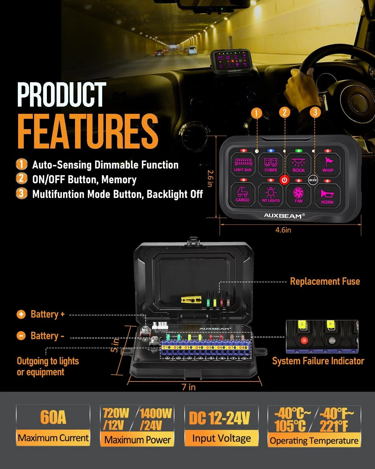 AR-800 Multifunction RGB Switch Panel with Bluetooth Controlled & 47 Inch Extension Cable(Optional) for Toyota Tacoma