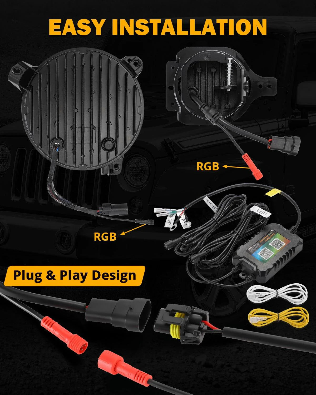 2018–2024 Jeep Wrangler JL RGB LED Lighting Kit – 9" Headlights & 4" Fog Lights with App Control