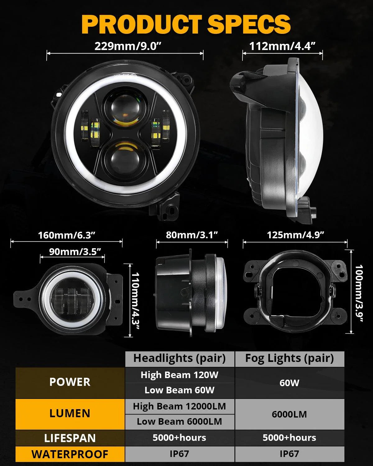 2018–2024 Jeep Wrangler JL RGB LED Lighting Kit – 9" Headlights & 4" Fog Lights with App Control