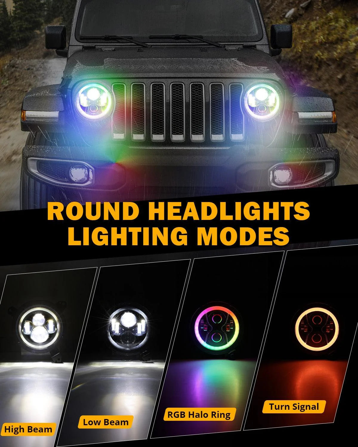 2018–2024 Jeep Wrangler JL RGB LED Lighting Kit – 9" Headlights & 4" Fog Lights with App Control