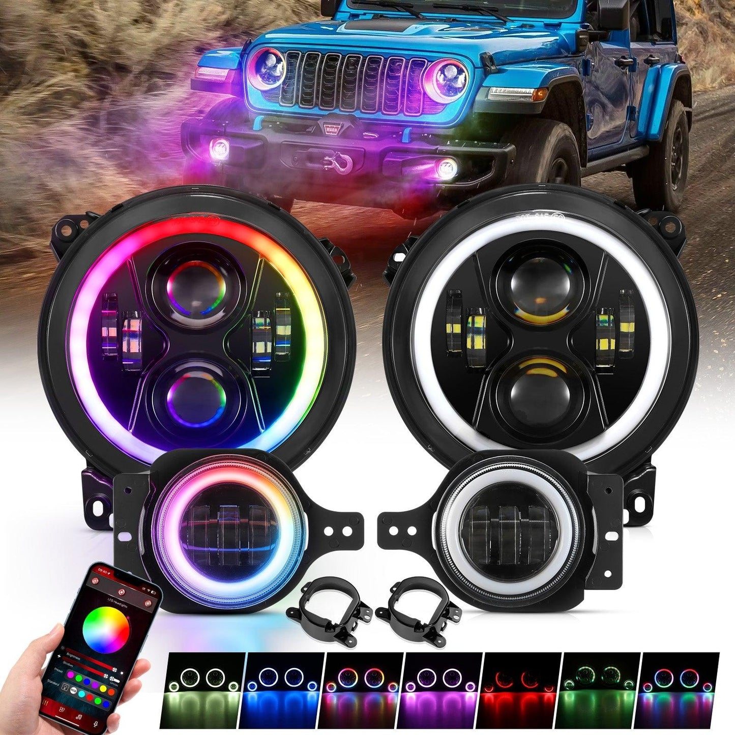 2018–2024 Jeep Wrangler JL RGB LED Lighting Kit – 9" Headlights & 4" Fog Lights with App Control