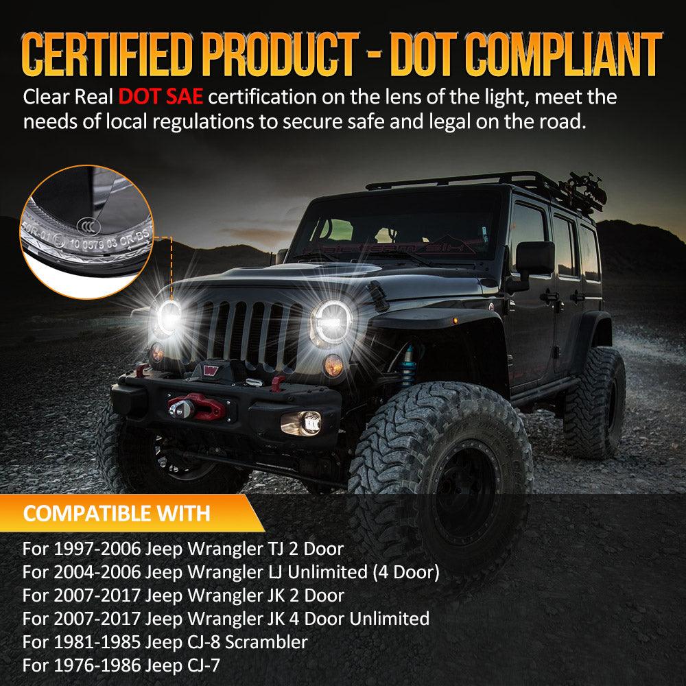7" 90W LED Headlights with Halo DRL for 1997–2017 Jeep Wrangler TJ JK LJ CJ – DOT Approved