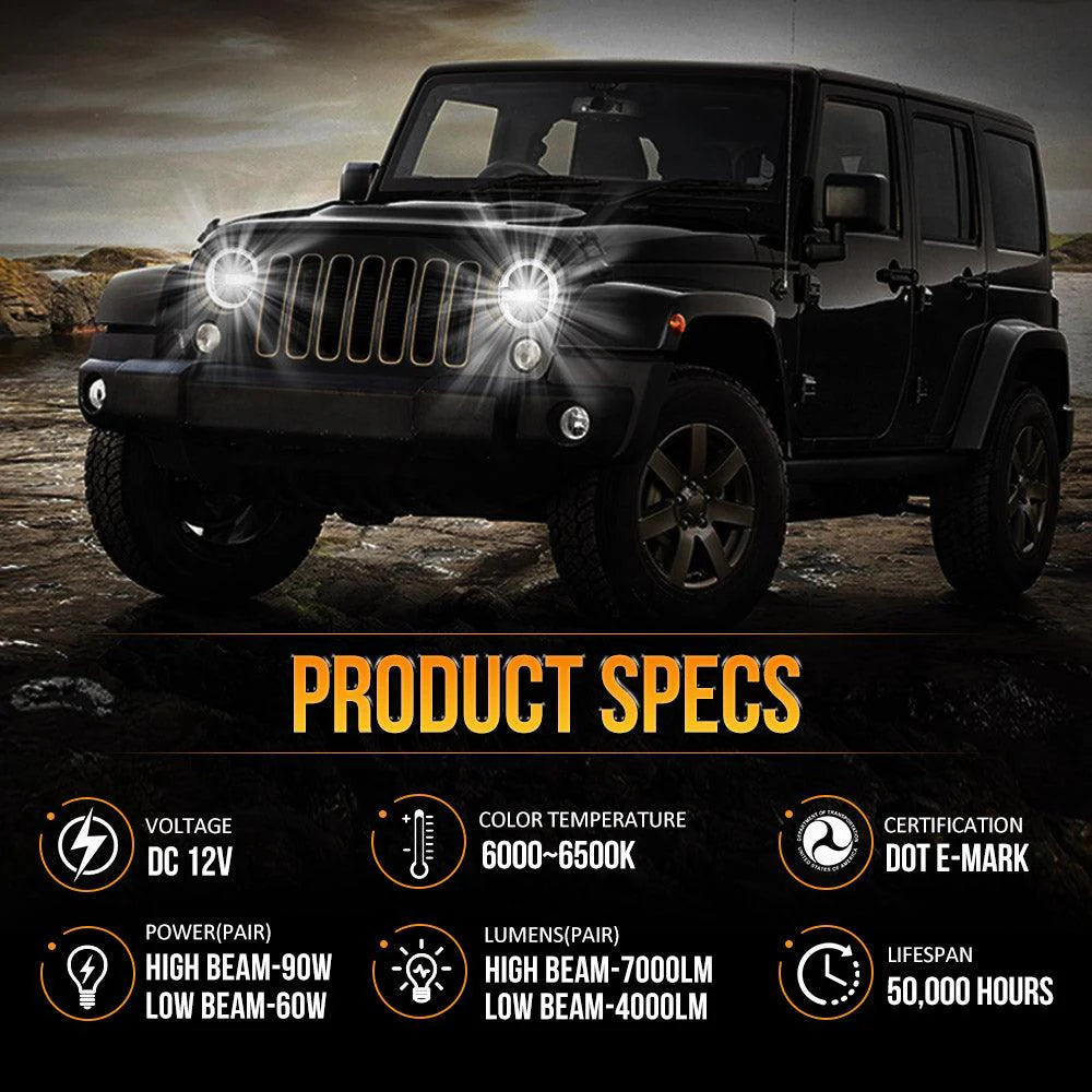 7" 90W LED Headlights with Halo DRL for 1997–2017 Jeep Wrangler TJ JK LJ CJ – DOT Approved