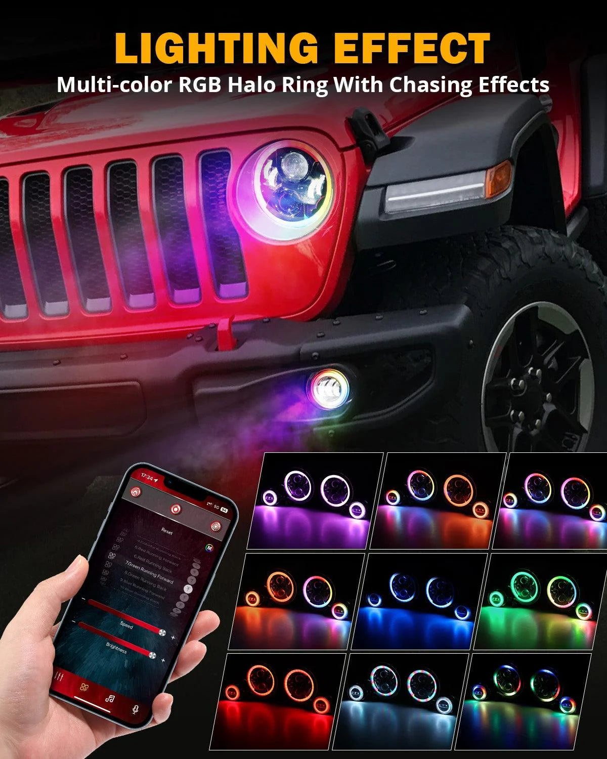 2018–2024 Jeep Wrangler JL RGB LED Lighting Kit – 9" Headlights & 4" Fog Lights with App Control