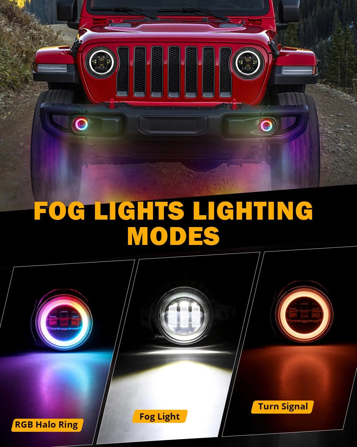 2018–2024 Jeep Wrangler JL RGB LED Lighting Kit – 9" Headlights & 4" Fog Lights with App Control