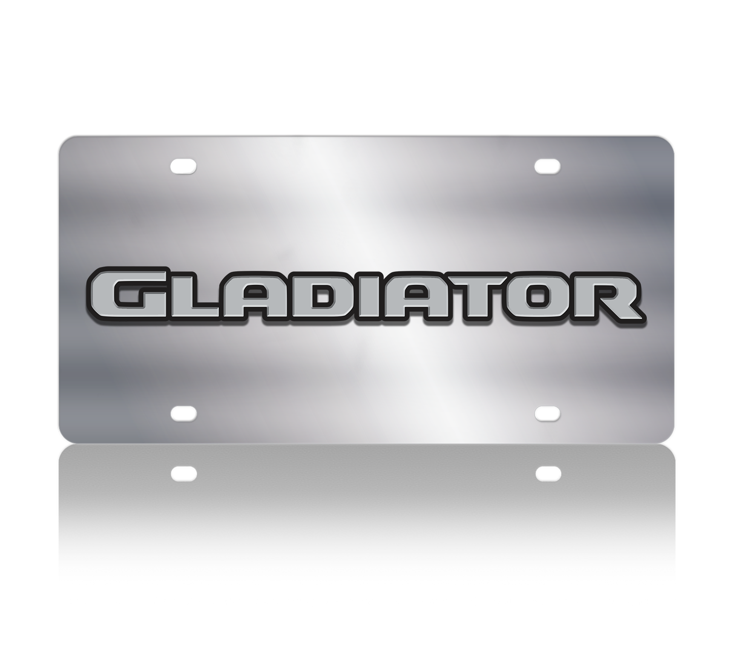 Metallic 'GLADIATOR' license plate on a white background
