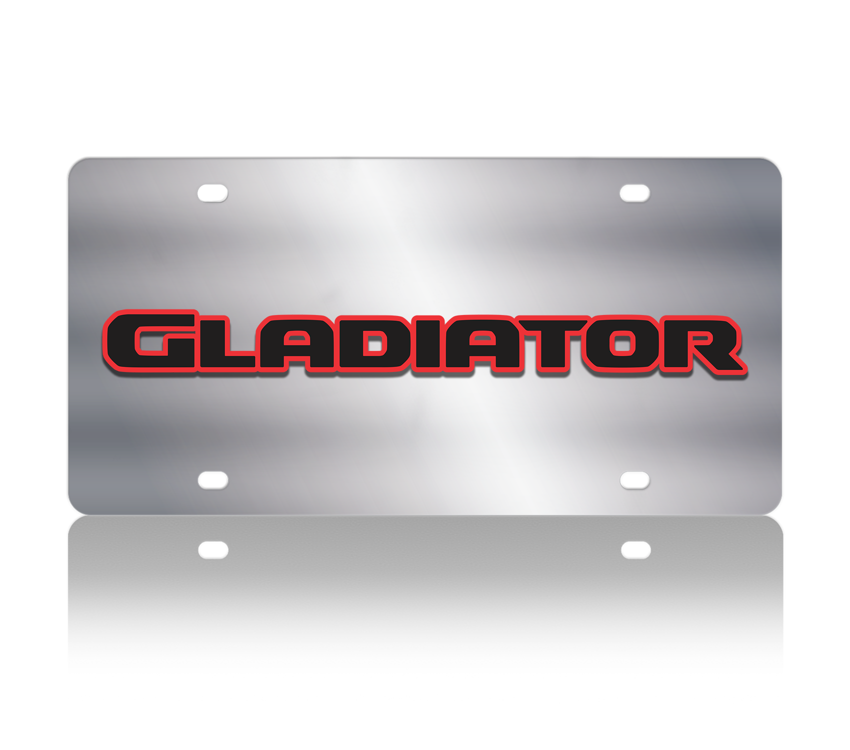 Metallic license plate with 'GLADIATOR' text on a white background