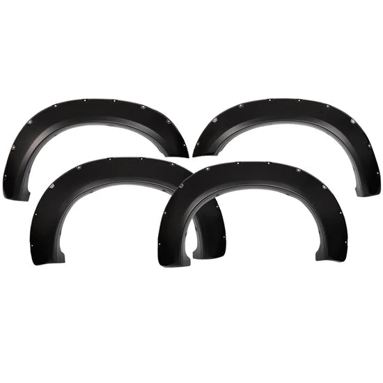 Four black fender flare kits for vehicles, arranged in a two-by-two grid on a plain white background. The brand logo 'ikon Motorsports' is visible in the top-left corner.