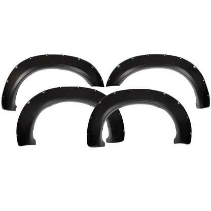 Four black fender flare kits for vehicles, arranged in a two-by-two grid on a plain white background. The brand logo 'ikon Motorsports' is visible in the top-left corner.