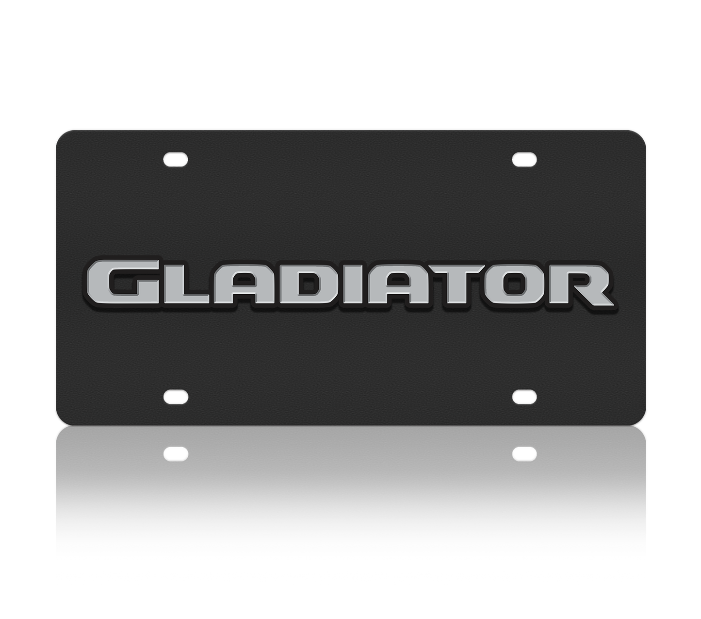 Black license plate with 'GLADIATOR' text on a white background