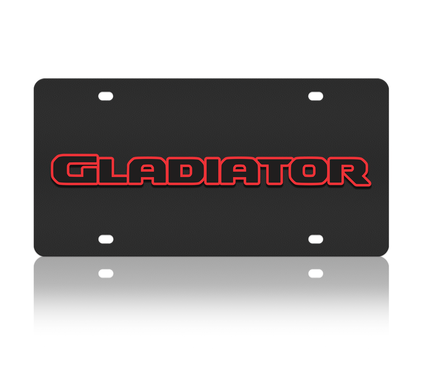 Black license plate with 'GLADIATOR' in red on a white background