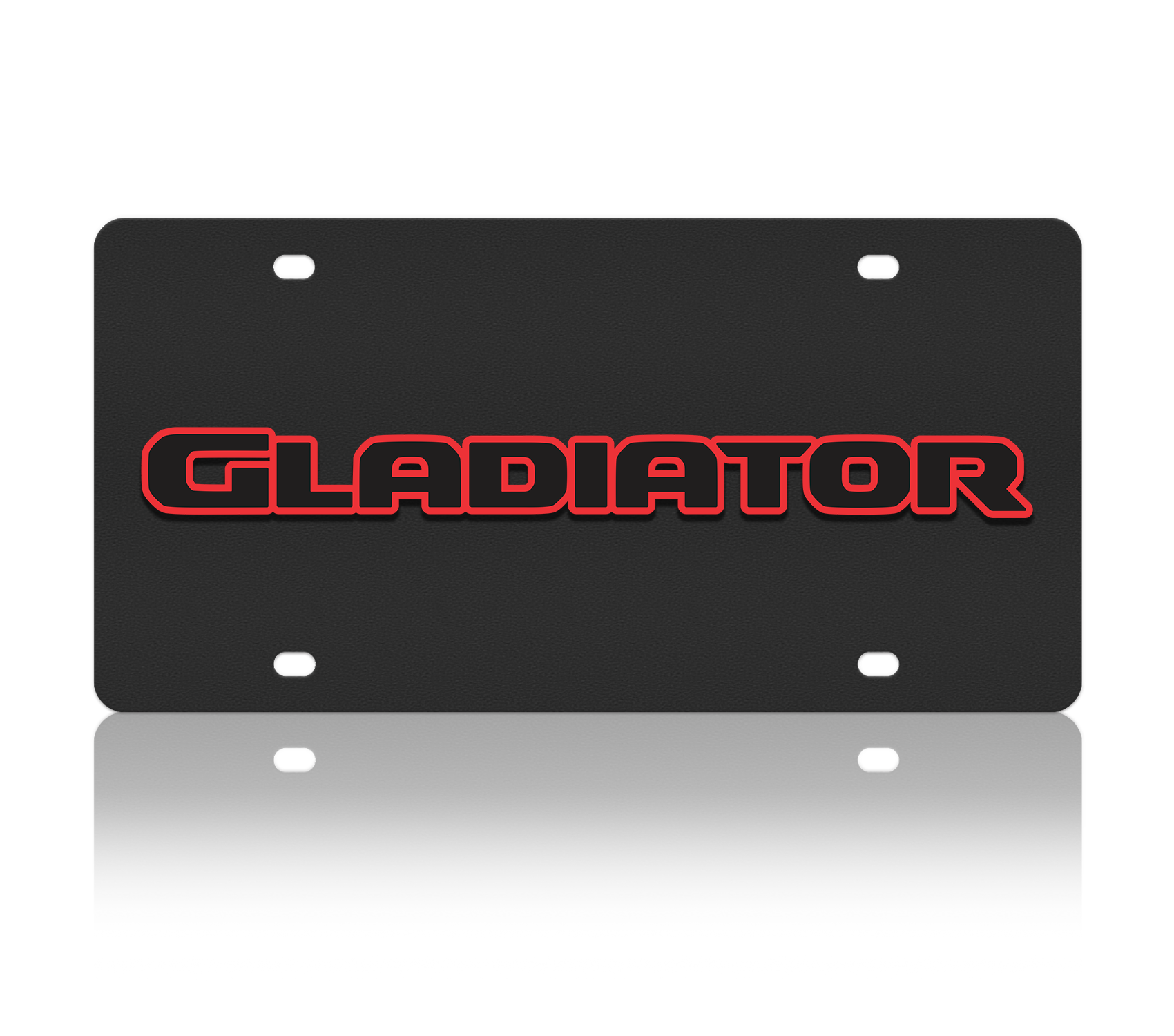 Black license plate with 'GLADIATOR' in red on a white background