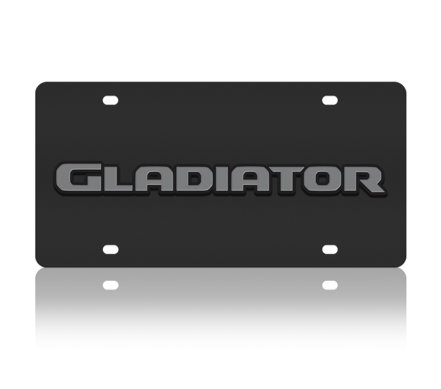 Black license plate with 'GLADIATOR' engraving 