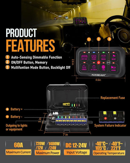 AR-800 Multifunction RGB Switch Panel with Bluetooth Controlled & 47 Inch Extension Cable(Optional) for Toyota Tacoma