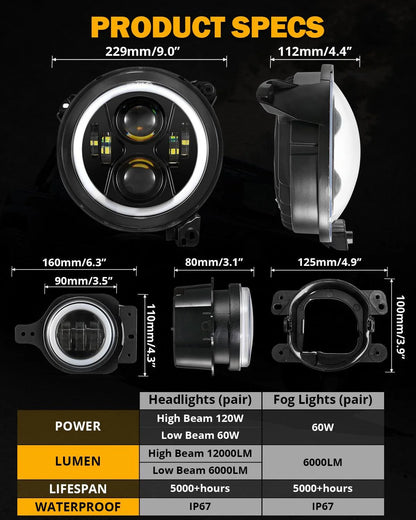 2018–2024 Jeep Wrangler JL RGB LED Lighting Kit – 9" Headlights & 4" Fog Lights with App Control