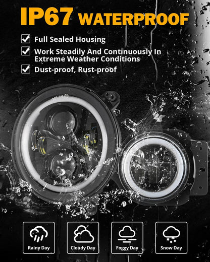 2018–2024 Jeep Wrangler JL RGB LED Lighting Kit – 9" Headlights & 4" Fog Lights with App Control