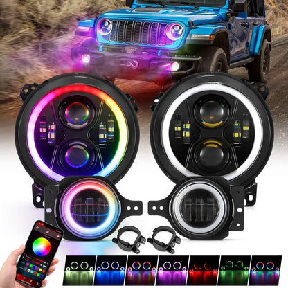 2018–2024 Jeep Wrangler JL RGB LED Lighting Kit – 9" Headlights & 4" Fog Lights with App Control