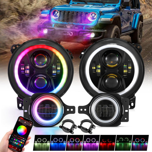 2018–2024 Jeep Wrangler JL RGB LED Lighting Kit – 9" Headlights & 4" Fog Lights with App Control