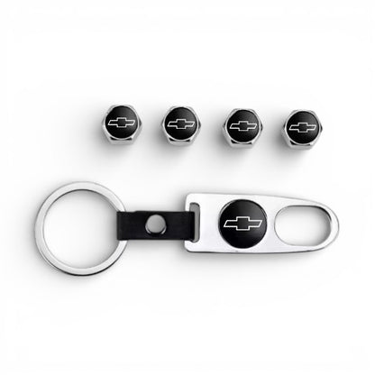 Chevy Black Bowtie Keychain &amp; Valve Cap Bundle – Chrome Keychain + 4 Valve Caps