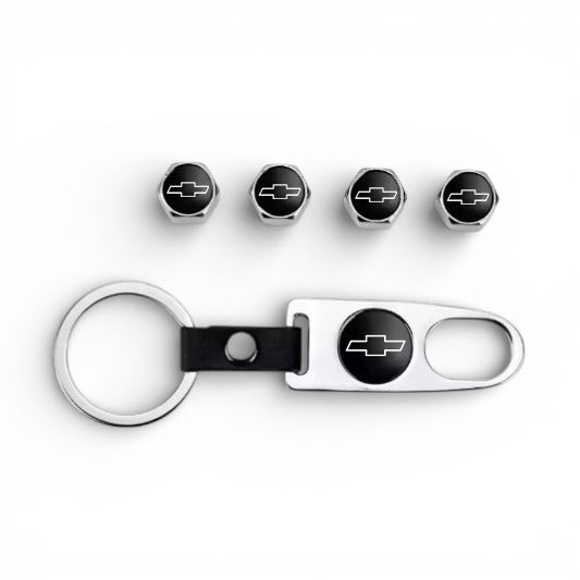 Chevy Black Bowtie Keychain &amp; Valve Cap Bundle – Chrome Keychain + 4 Valve Caps