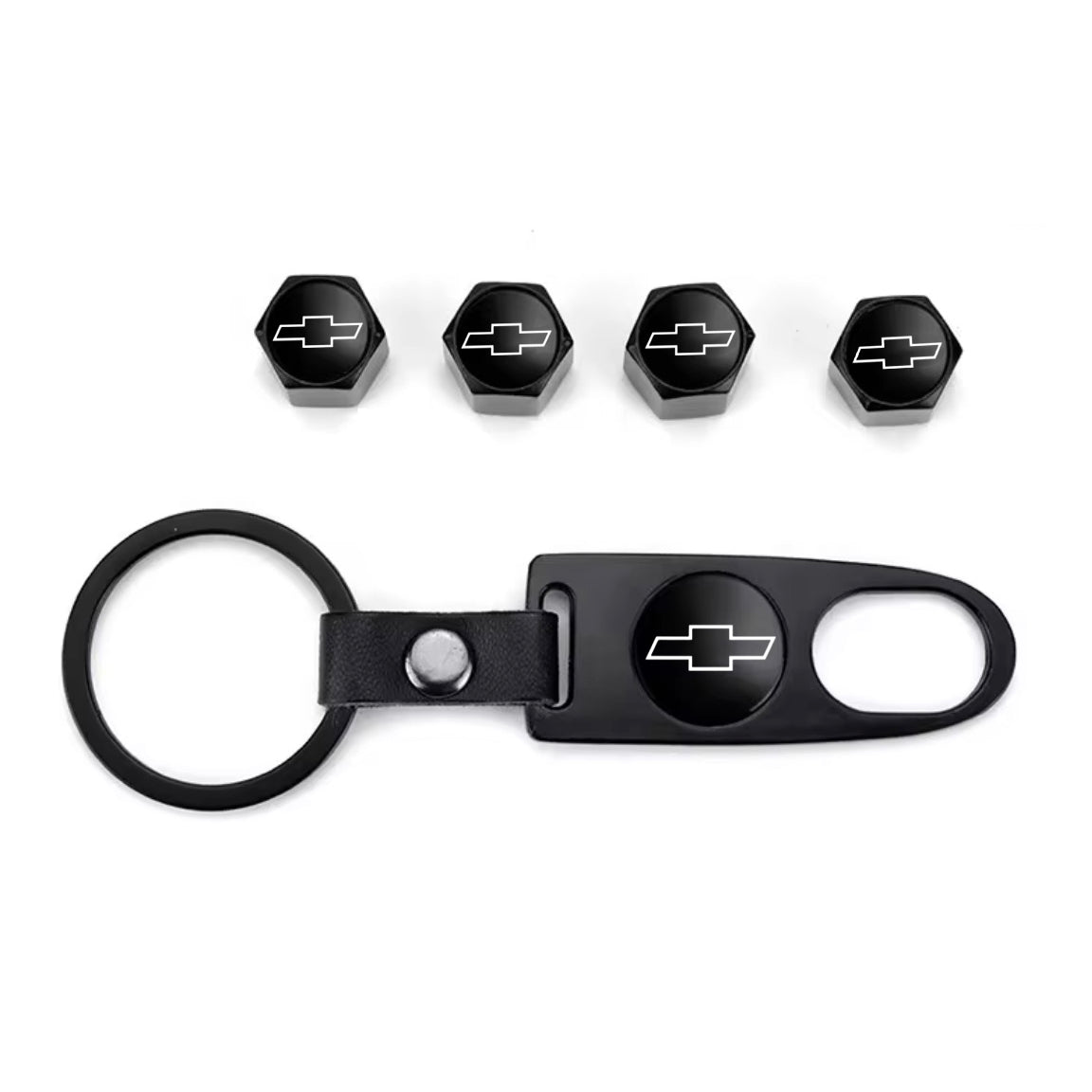Chevy Black Bowtie Keychain & Tire Valve Caps Set Zinc Alloy Black Cap Kit