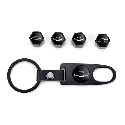 Chevy Black Bowtie Keychain & Tire Valve Caps Set Zinc Alloy Black Cap Kit