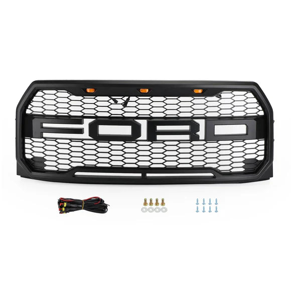 Ford F-150 2015–2017 Raptor Style Black Front Grille with LED Lights & Letters