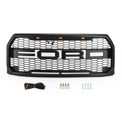 Ford F-150 2015–2017 Raptor Style Black Front Grille with LED Lights & Letters