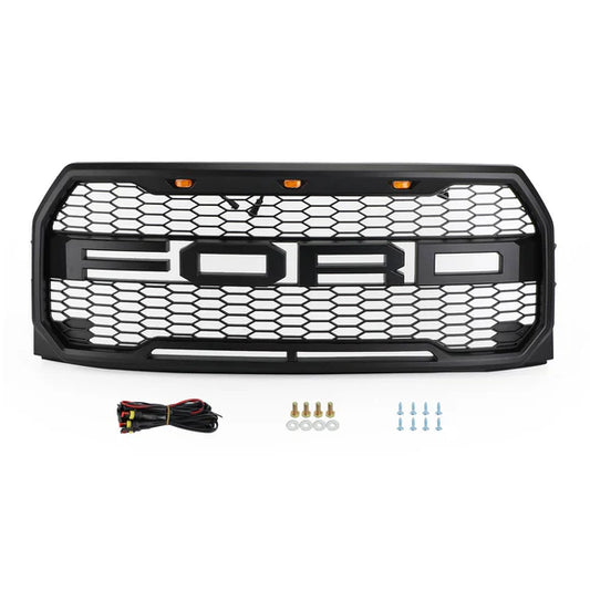 Ford F-150 2015–2017 Raptor Style Black Front Grille with LED Lights & Letters