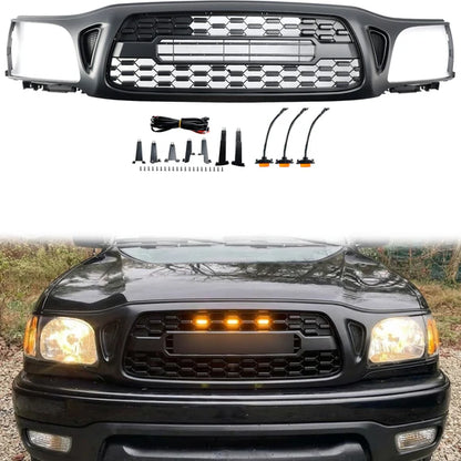 TRO PRO Style | Toyota Tacoma | Matt Black Grille | 2001 2002 2003 2004 | Front Bumper Grille + LED Light + TOYOTA Letter