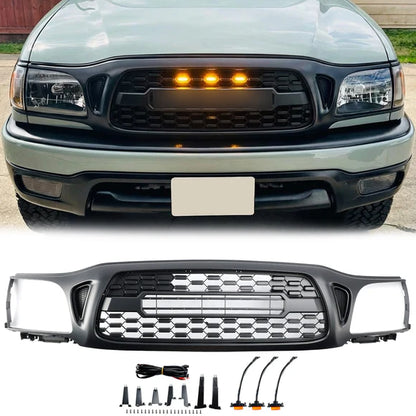 TRO PRO Style | Toyota Tacoma | Matt Black Grille | 2001 2002 2003 2004 | Front Bumper Grille + LED Light + TOYOTA Letter