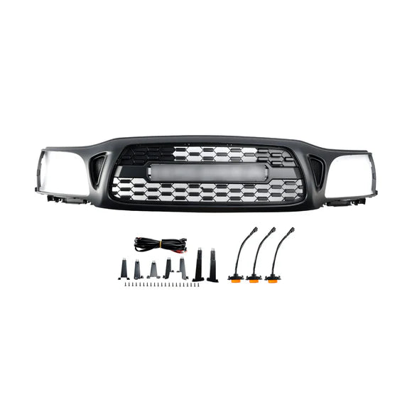 TRO PRO Style | Toyota Tacoma | Matt Black Grille | 2001 2002 2003 2004 | Front Bumper Grille + LED Light + TOYOTA Letter