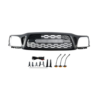 TRO PRO Style | Toyota Tacoma | Matt Black Grille | 2001 2002 2003 2004 | Front Bumper Grille + LED Light + TOYOTA Letter