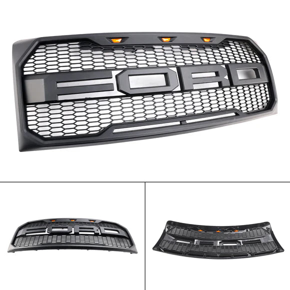 Aftermarket Raptor Style Matte Black Front Grille w/ LED & Letters for Ford F-150 2009–2014