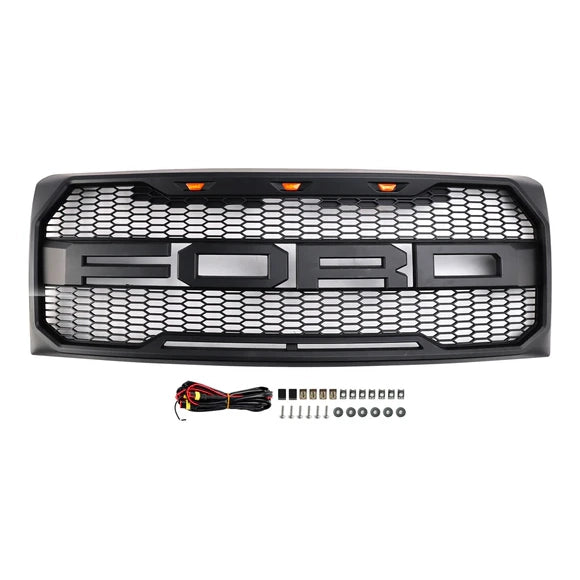 Aftermarket Raptor Style Matte Black Front Grille w/ LED & Letters for Ford F-150 2009–2014