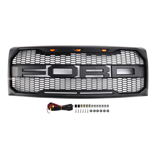 Aftermarket Raptor Style Matte Black Front Grille w/ LED & Letters for Ford F-150 2009–2014