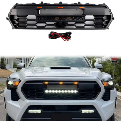 2024-2026 Toyota Tacoma TRD PRO Style Front Bumper Grill Black Grille With LED & Light Bar & TOYOTA Letter