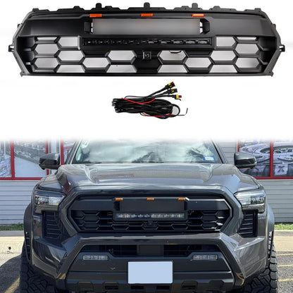 2024-2026 Toyota Tacoma TRD PRO Style Front Bumper Grill Black Grille With LED & Light Bar & TOYOTA Letter