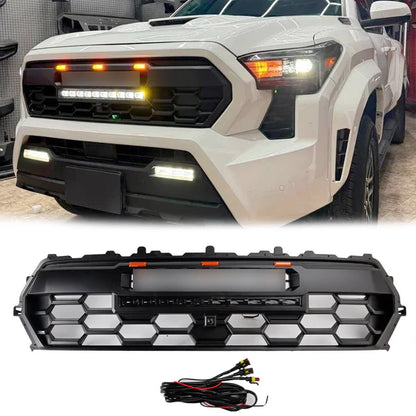 2024-2026 Toyota Tacoma TRD PRO Style Front Bumper Grill Black Grille With LED & Light Bar & TOYOTA Letter