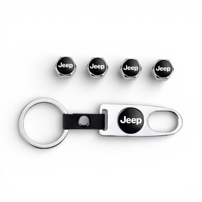 Jeep Keychain & Tire Valve Cap Set Silver Zinc Alloy Chrome Caps Kit