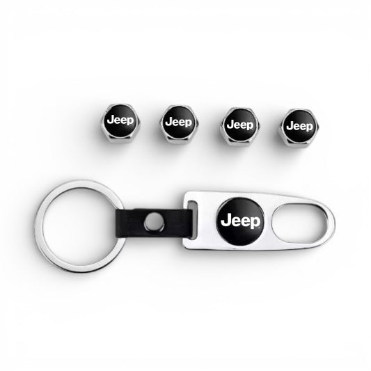 Jeep Keychain & Tire Valve Cap Set Silver Zinc Alloy Chrome Caps Kit