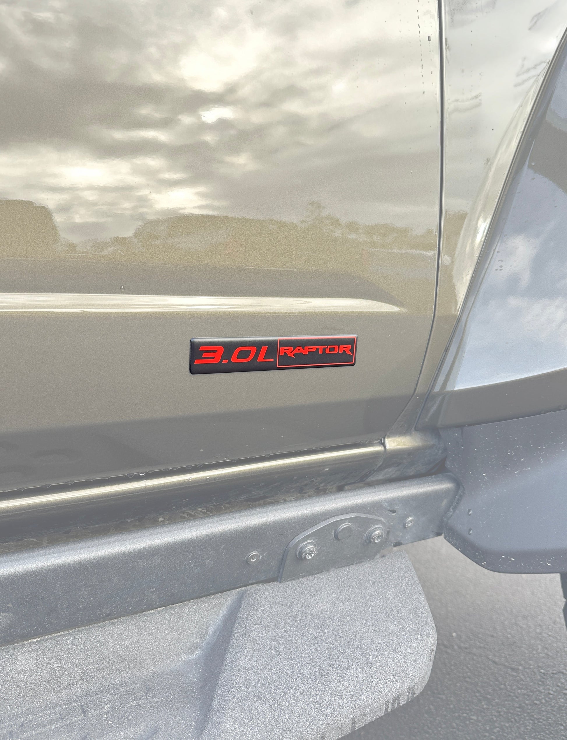 Close-up of a vehicle door with '3.0L Raptor' badge on a cloudy day.