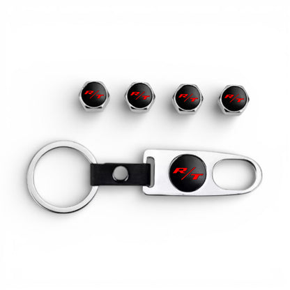 R/T Silver Keychain & Tire Valve Caps Set Zinc Alloy Chrome Cap Kit