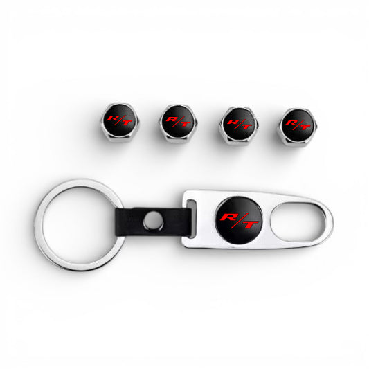 R/T Silver Keychain & Tire Valve Caps Set Zinc Alloy Chrome Cap Kit