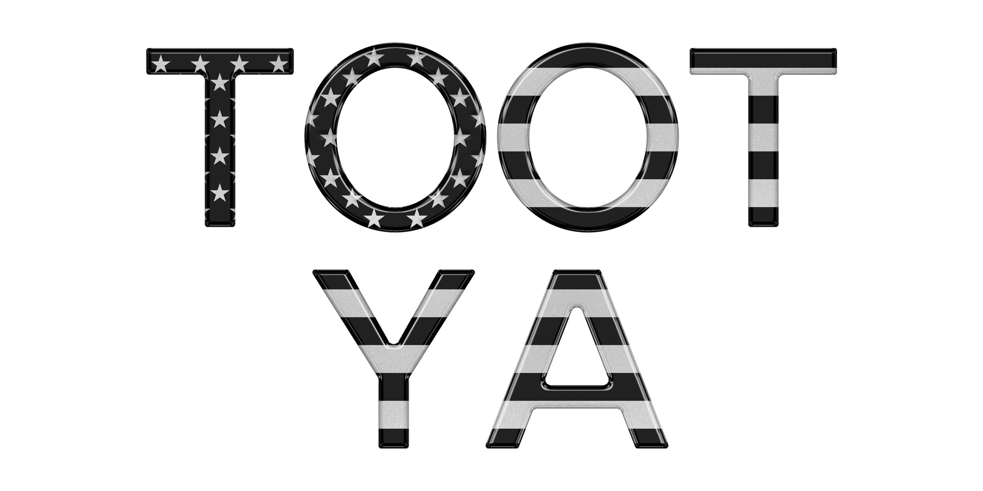 Black and white patterned text 'TOOT YA' on a white background