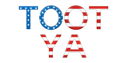 Text 'TOOT YA' with American flag design on a white background